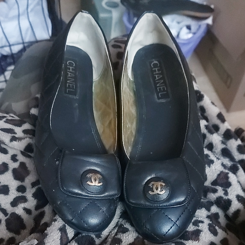 Chanel Black Quilted Flats with Gold Accents